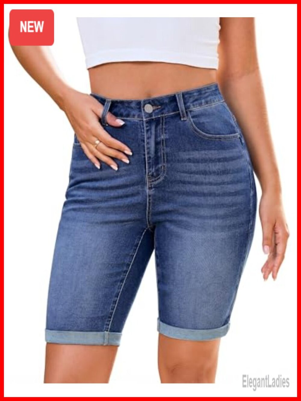 High Waisted Stretch Bermuda Jean Shorts Women 10" Inseam Denim Jorts Casual